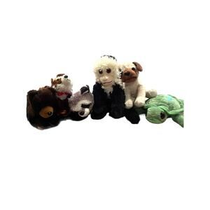 Small stuffed animal plushes lot of 5 raccoon turtle dog bear caoti monkey